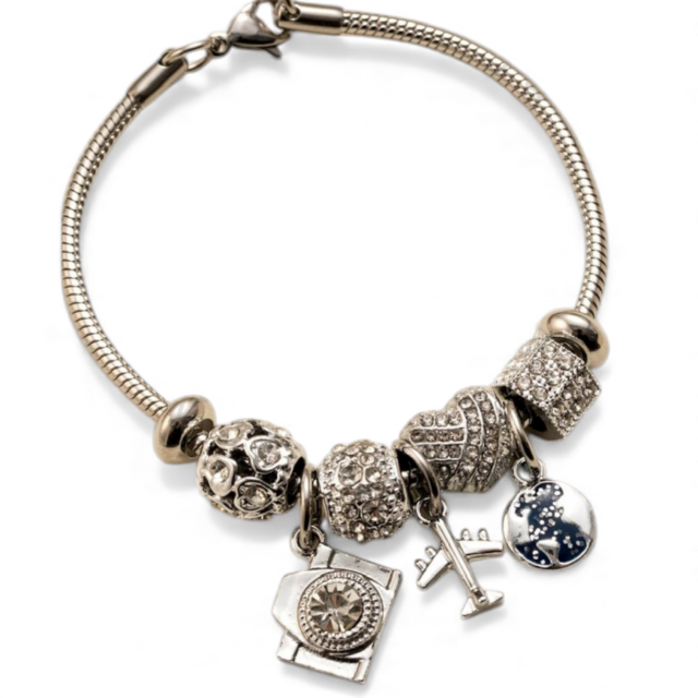 PULSERA ACERO CHARMS VIAJE DIJES CON STRAS