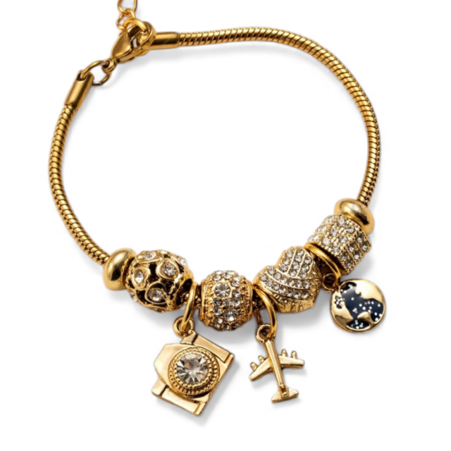 PULSERA ACERO DORADO CHARMS VIAJE STRAS