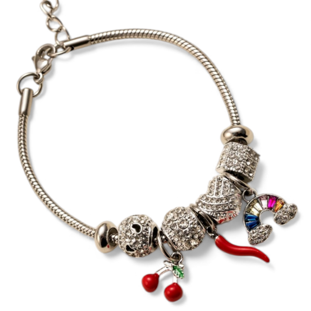 PULSERA ACERO CHARMS STRASS AJÍ CEREZA