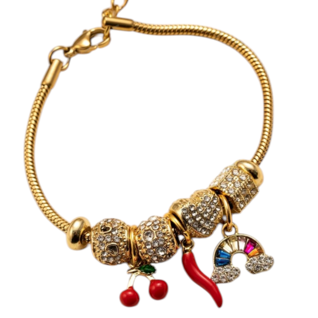 PULSERA ACERO DORADO CHARMS AJU CEREZA