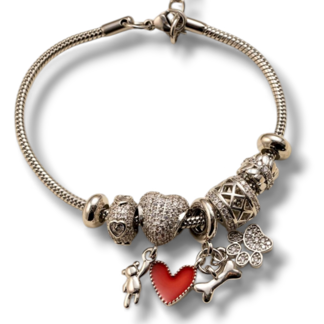 PULSERA ACERO CHARMS CORAZÓN ROJO MICROPAVE