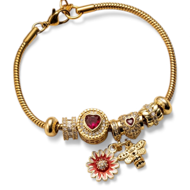PULSERA ACERO DORADO CHARMS CORAZÓN CUBIC MICROPAVE 