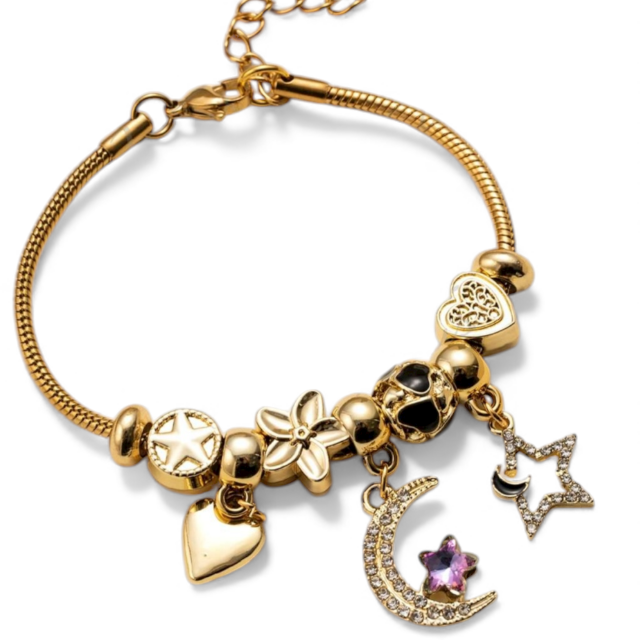 PULSERA ACERO DORADO CHARMS LUNA Y ESTRELLA