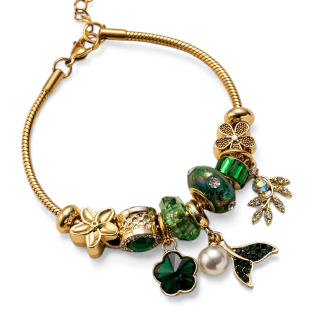 PULSERA ACERO DORADO CHARMS ESMERALDA 