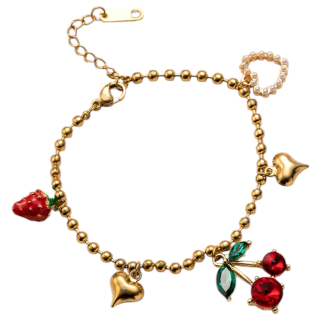 PULSERA ACERO DORADO CORAZONES FRUTILLA CEREZA