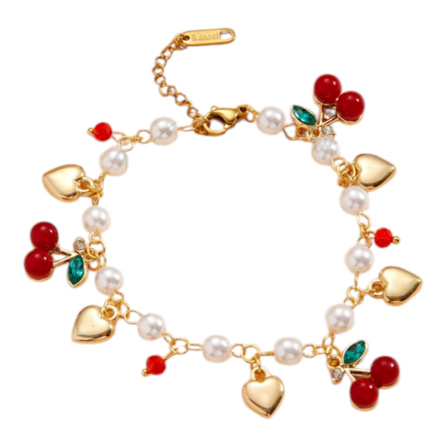 PULSERA ACERO DORADO PERLAS CORAZONES Y CEREZA