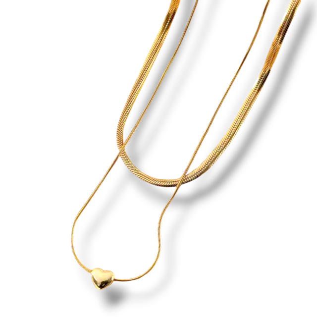 COLLAR ACERO DORADO DOBLE DIJE CORAZÓN 
