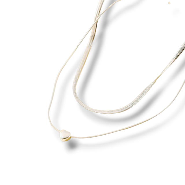 COLLAR ACERO BLANCO DOBLE DIJE CORAZÓN 