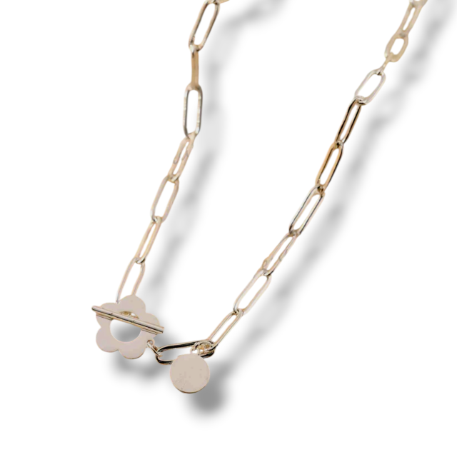 COLLAR ACERO BLANCO CADENA LONG DIJE FLOR