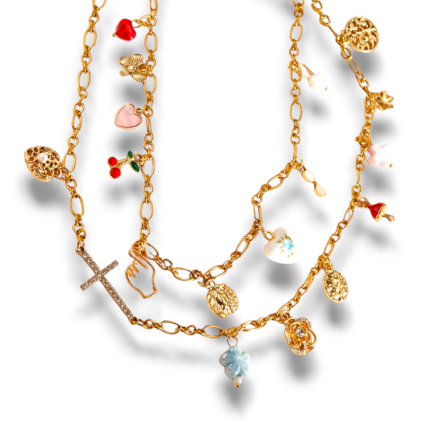 COLLAR ACERO DORADO DOBLE MULTIDIJES 