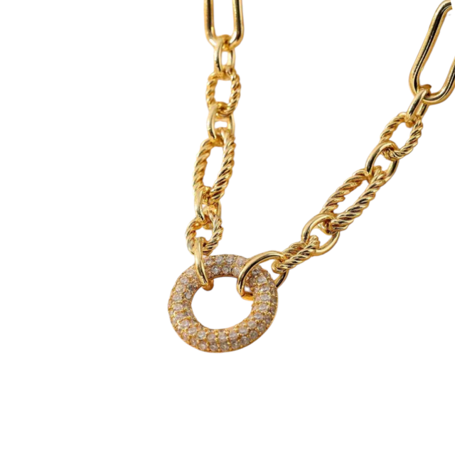 COLLAR ACERO DORADO DIJE CÍRCULO MICROPAVE