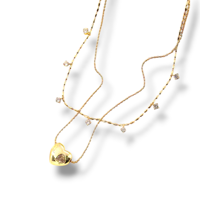 COLLAR ACERO DORADO DOBLE DIJE CORAZON CUBICS