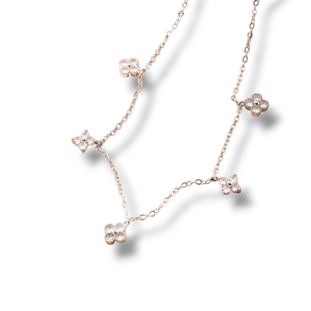 COLLAR ACERO DIJES COLGANTES FLORES STRASS