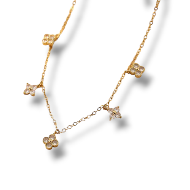 COLLAR ACERO DORADO DIJES COLGANTES FLORES STRASS