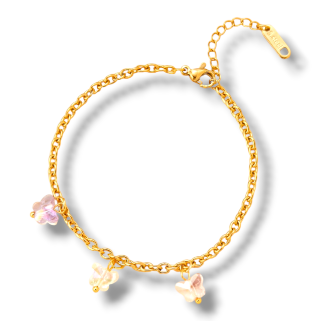 PULSERA ACERO DORADO MARIPOSAS CRISTAL