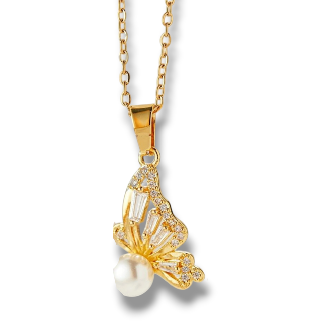 COLLAR ACERO DORADO DIJE MARIPOSA PERLA