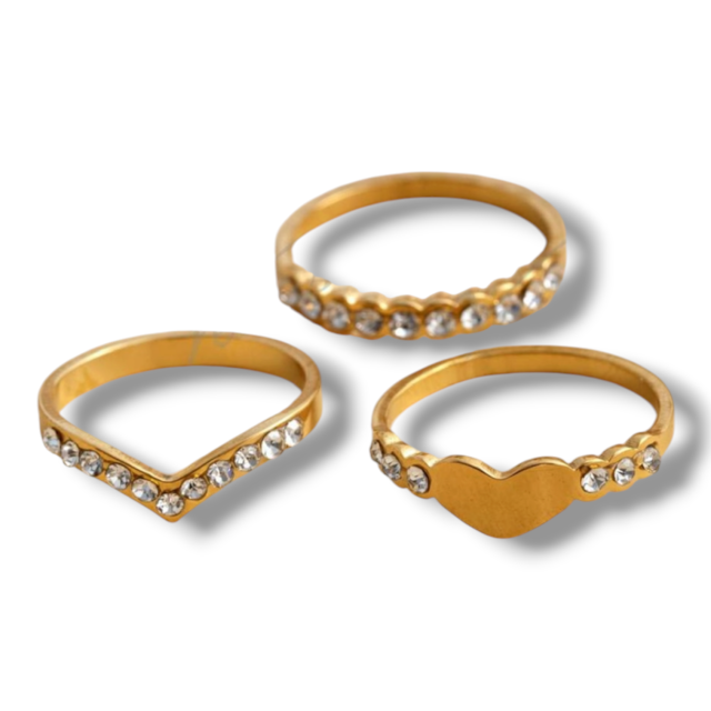 ANILLO ACERO DORADO STRASS X3