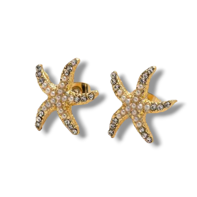 ARO ACERO DORADO PASANTE ESTRELLA MAR MICROPERLA Y STRASS