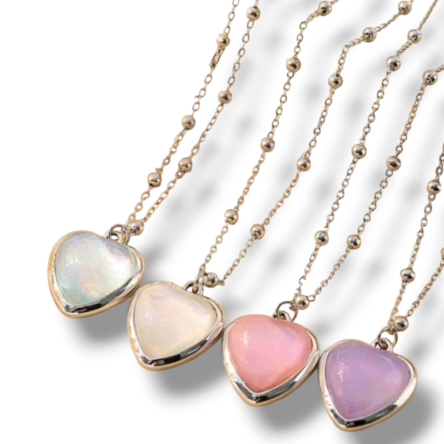COLLAR ACERO CON BOLITAS Y DIJE CORAZON DE PIEDRAS