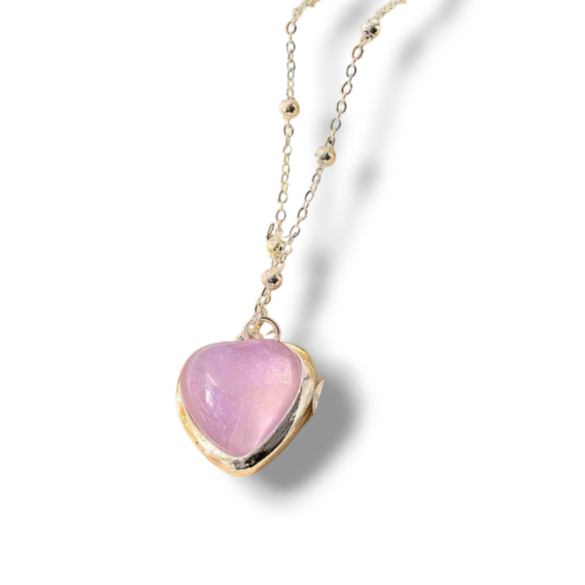 COLLAR ACERO BLANCO CON BOLITAS Y DIJE CORAZON DE PIEDRAS