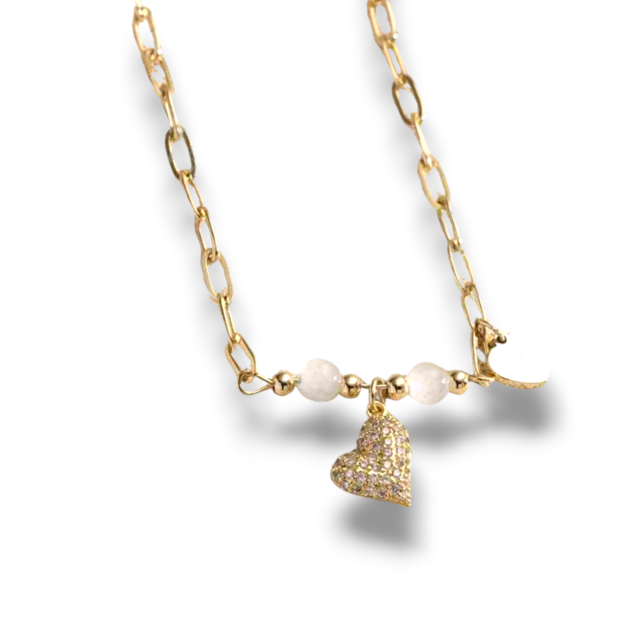 COLLAR ACERO DORADO DIJE CORAZÓN MICROPAVE 