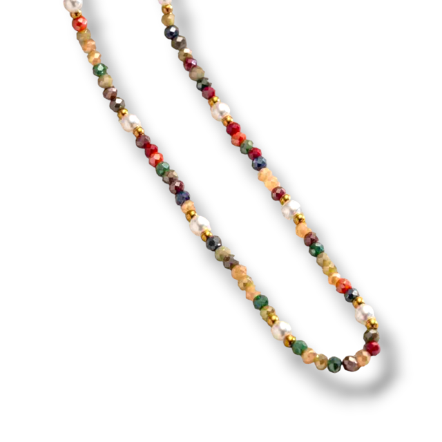 COLLAR ACERO DORADO PIEDRAS COLORES