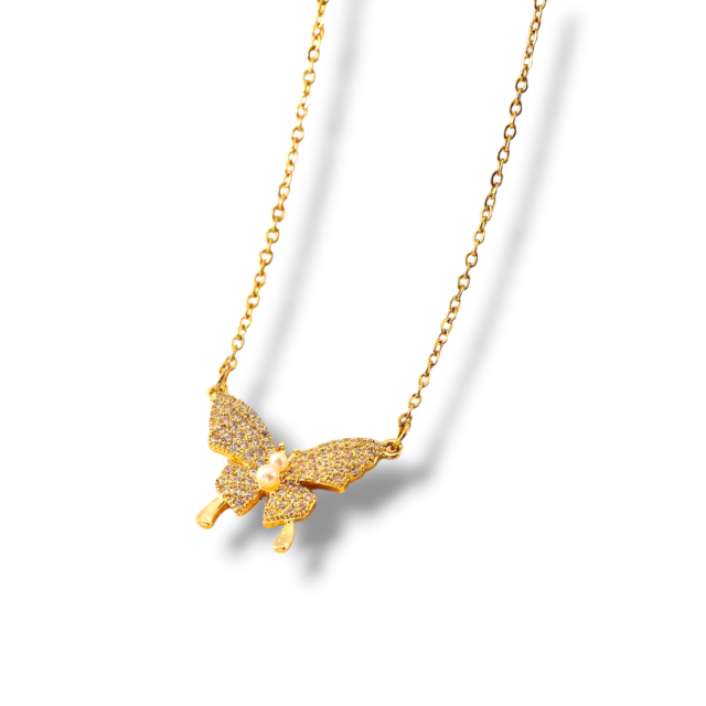 COLLAR ACERO DORADO DIJE MARIPOSA MICROPAVE 