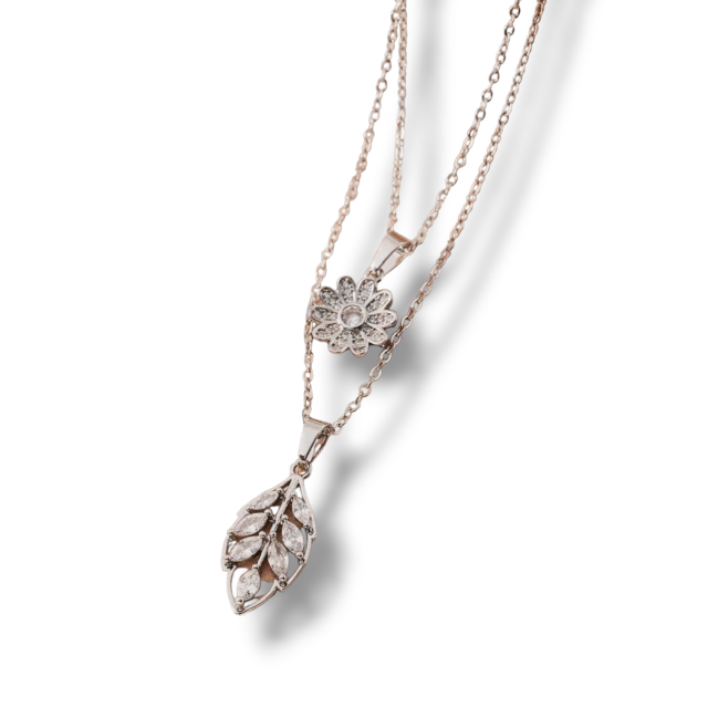COLLAR ACERO DOBLE CON DIJE FLOR Y HOJA MICROPAVE 