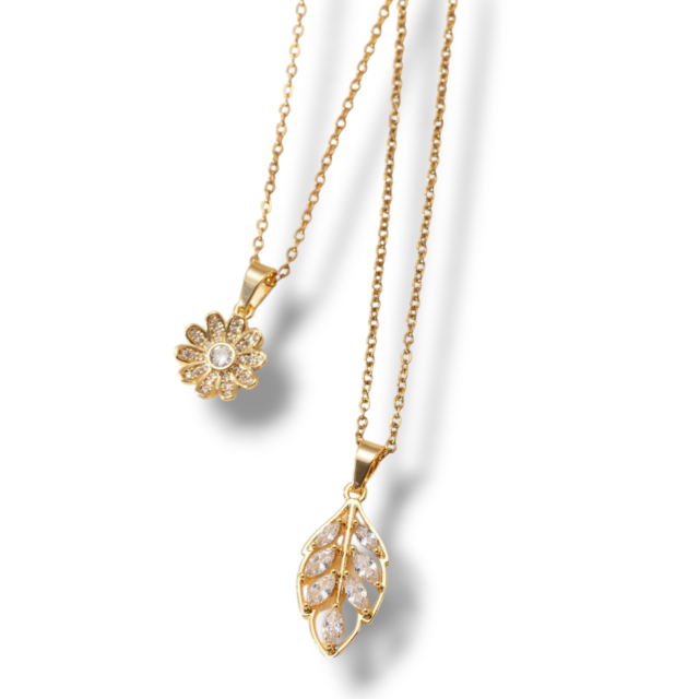 COLLAR ACERO DORADO DOBLE DIJES FLOR HOJA MICROPAVE 