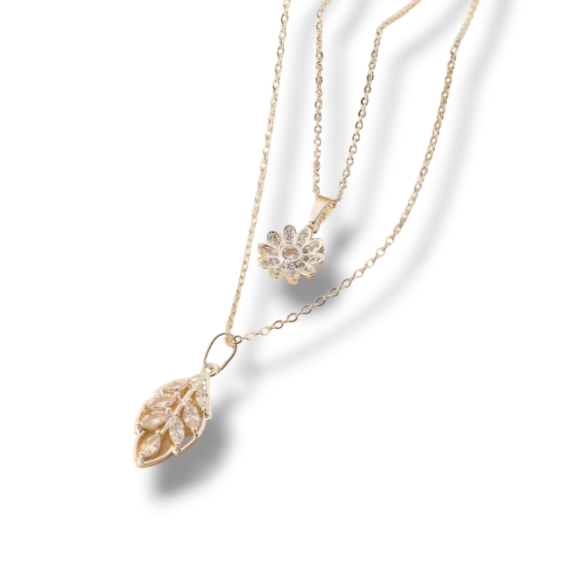 COLLAR ACERO BLANCO DOBLE DIJES FLOR HOJA MICROPAVE