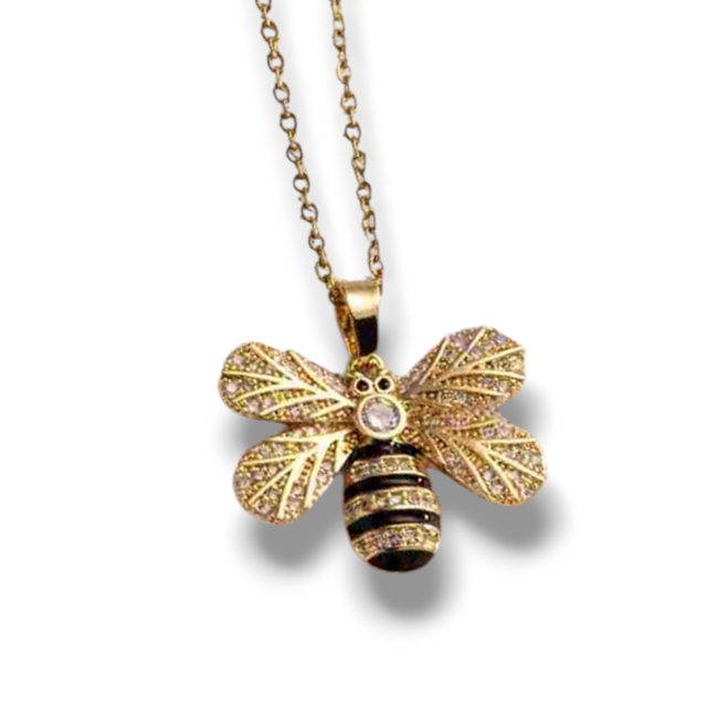 COLLAR ACERO DORADO DIJE AVEJA MICROPAVE