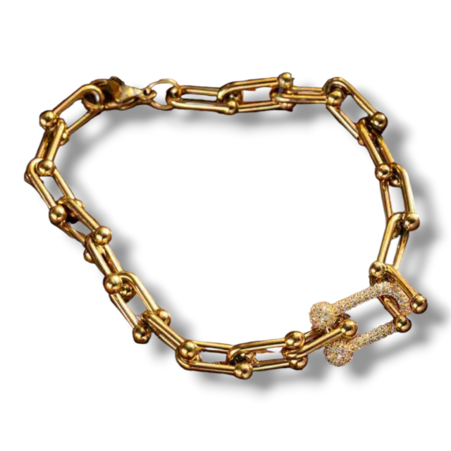PULSERA ACERO DORADO TIFF DIJE MICROPAVE 
