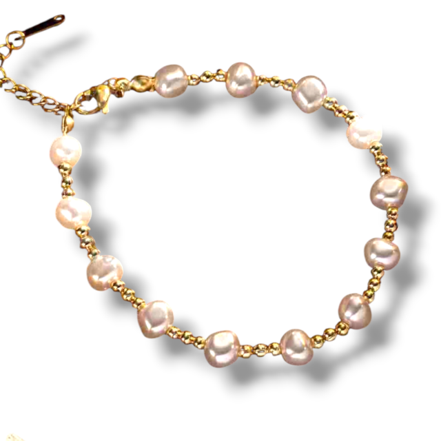PULSERA ACERO DORADO PERLAS BOLITAS