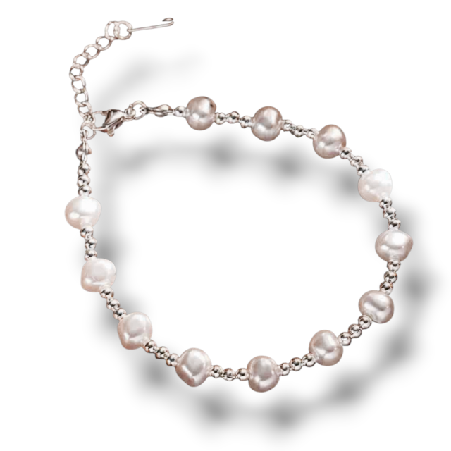 PULSERA ACERO BLANCO BOLITAS PERLA