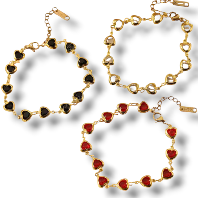 PULSERA ACERO DORADO CORAZONES PIEDRA