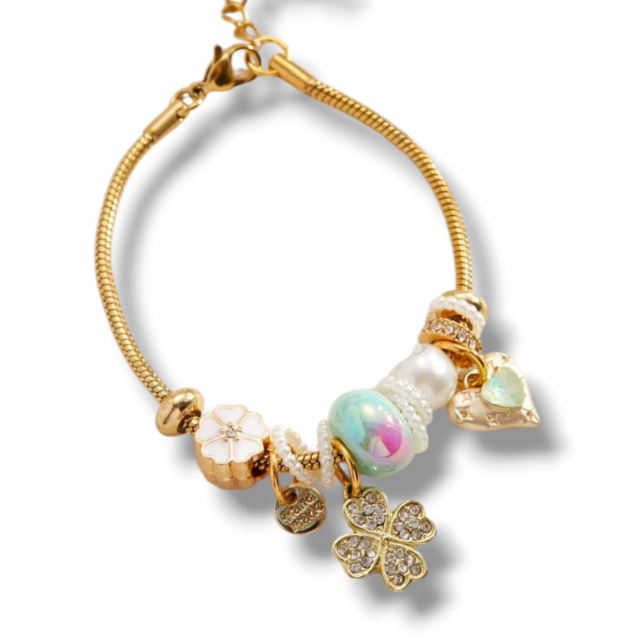 PULSERA ACERO DORADO CHARMS TRÉBOL 