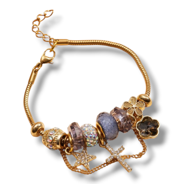 PULSERA ACERO DORADO CHARMS CRUZ