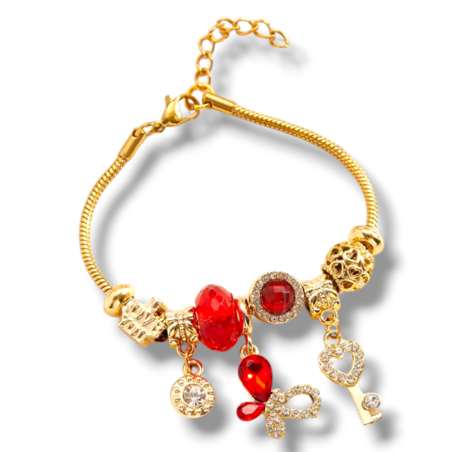 PULSERA ACERO DORADO CHARMS MARIPOSA ROJA