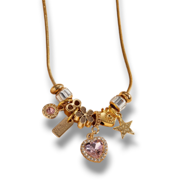 COLLAR ACERO DORADO CHARMS CORAZÓN CRISTAL