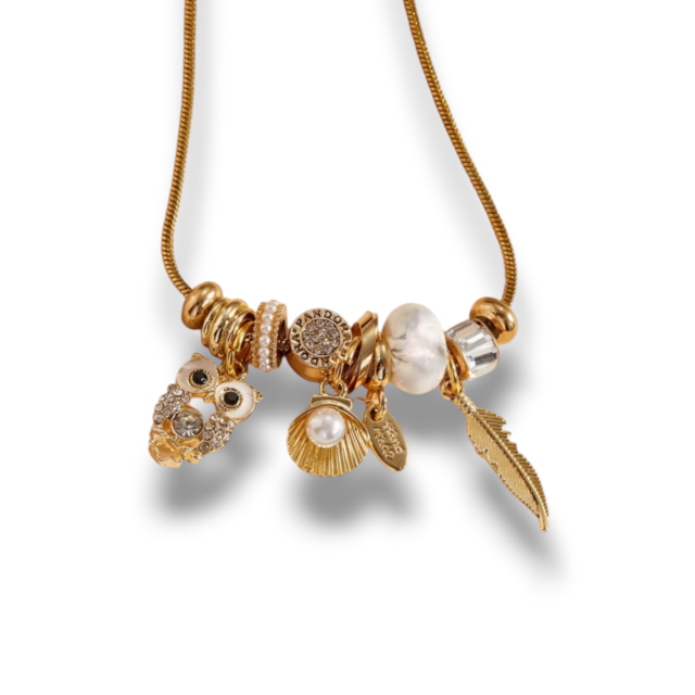 COLLAR ACERO DORADO CHARMS LECHUZA