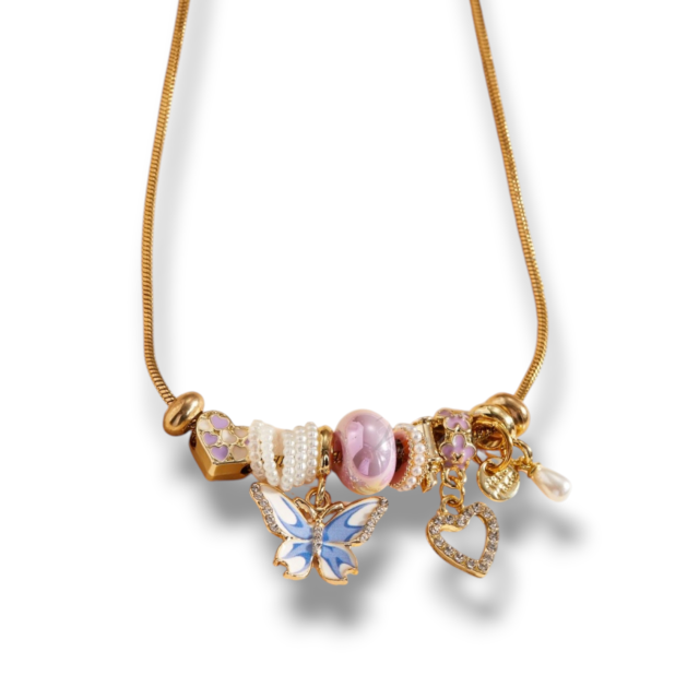 COLLAR ACERO DORADO CHARMS MARIPOSA CELESTE