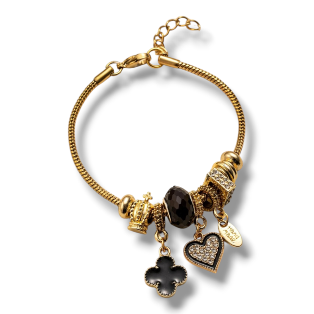 PULSERA ACERO DORADO CHARMS TRÉBOL NEGRO