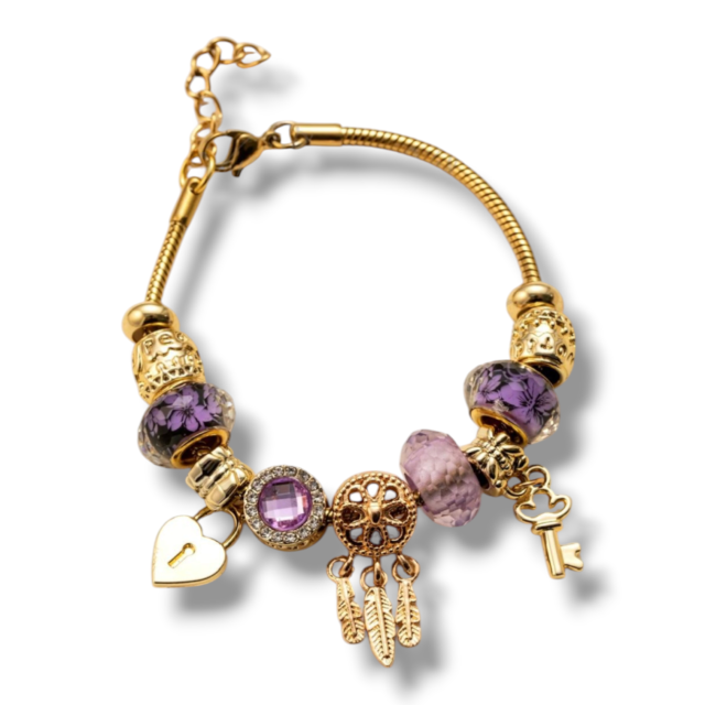 PULSERA ACERO DORADO CHARMS ATRAPASUEÑOS VIOLETA