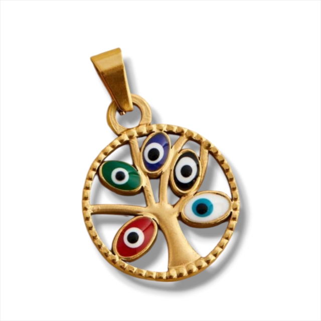 DIJE ACERO DORADO ÁRBOL OJOS