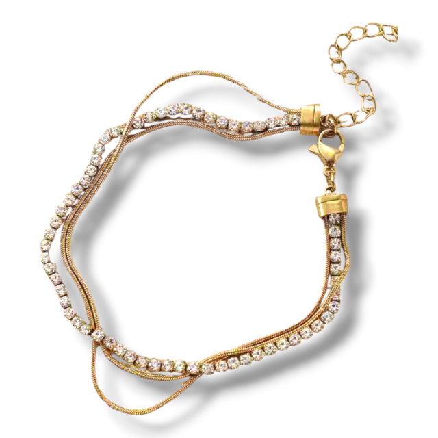 PULSERA ACERO DORADO TRIPLE STRASS