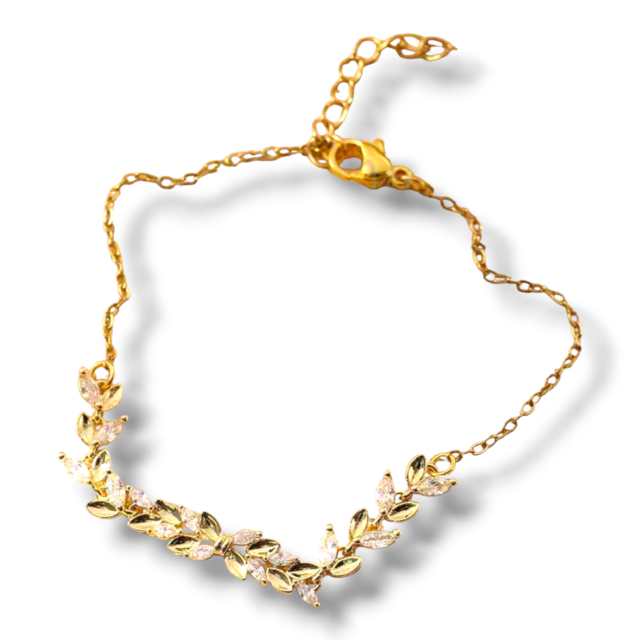 PULSERA ACERO DORADO HOJAS CRISTAL