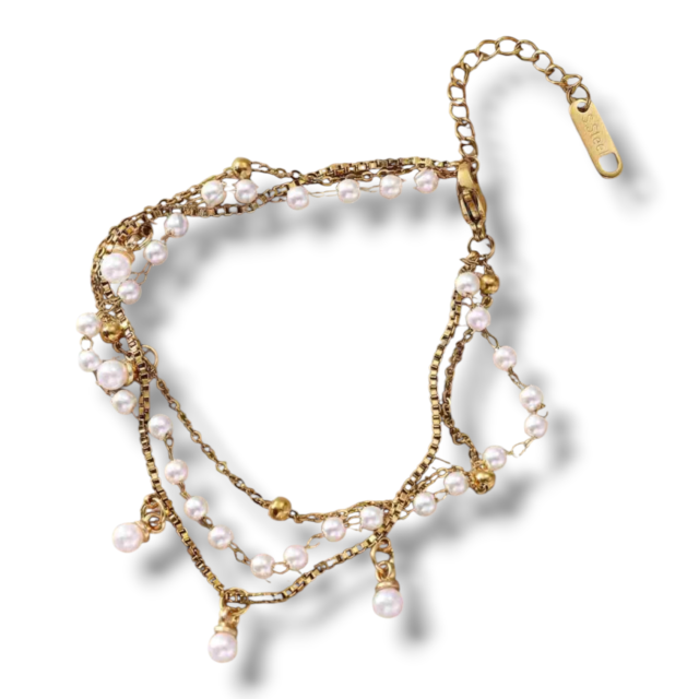 PULSERA ACERO DORADO TRIPLE PERLAS