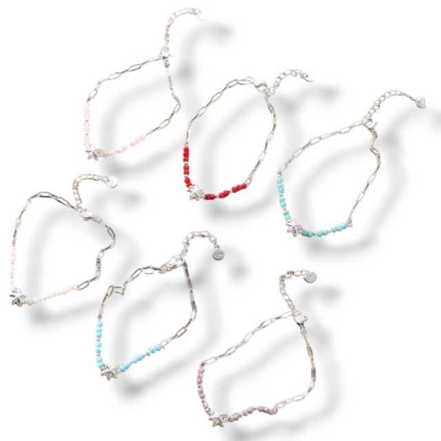 PULSERA ACERO BLANCO CRISTAL DIJE ESTRELLA DE MAR COLORES SURTIDOS 