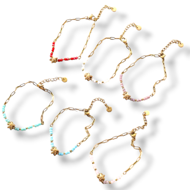 PULSERA ACERO DORADO CRISTAL DIJE ESTRELLA DE MAR COLOR SURTIDO 
