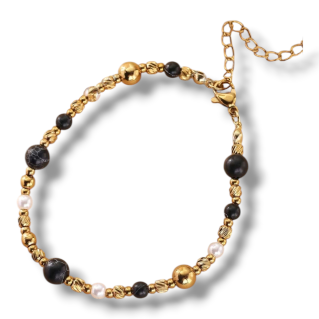 PULSERA ACERO DORADO BOLITAS COMBINADAS 